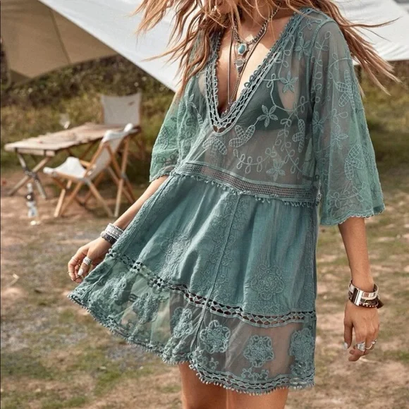 Bohemian Sage Floral Embroidered Beach Cover up Green One Size - Picture 3 of 5